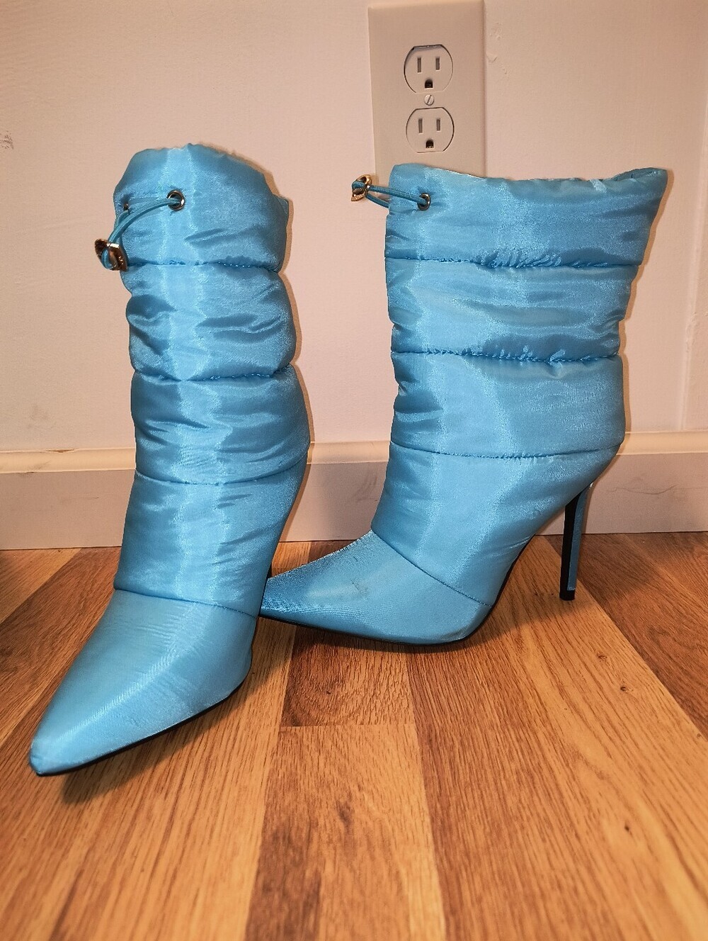 Dolls Kill Turquoise Satin Ruched Pointed-Toe Stiletto Boots